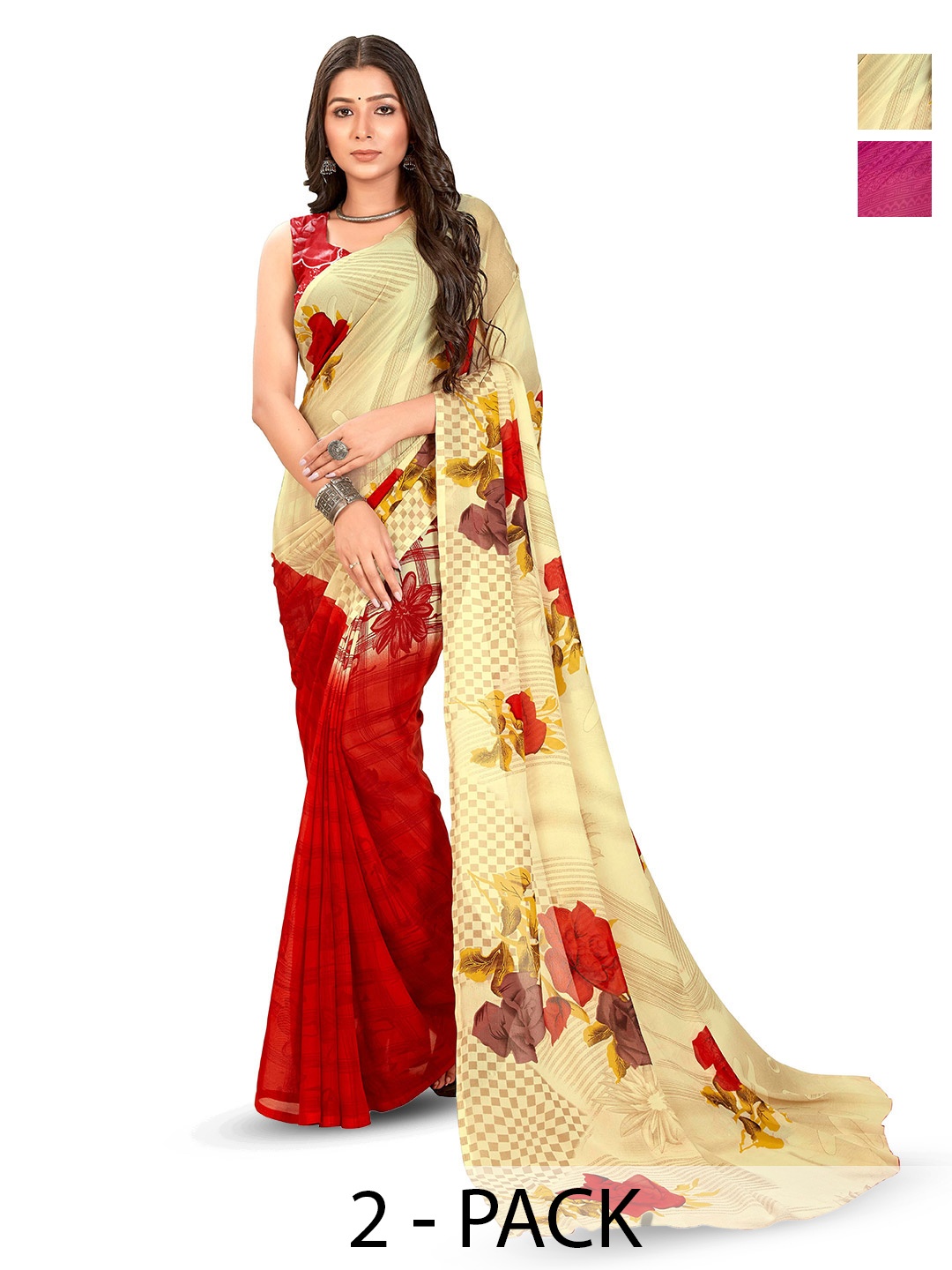 

ANAND SAREES Selection of 2 Floral Printed Saree, Yellow