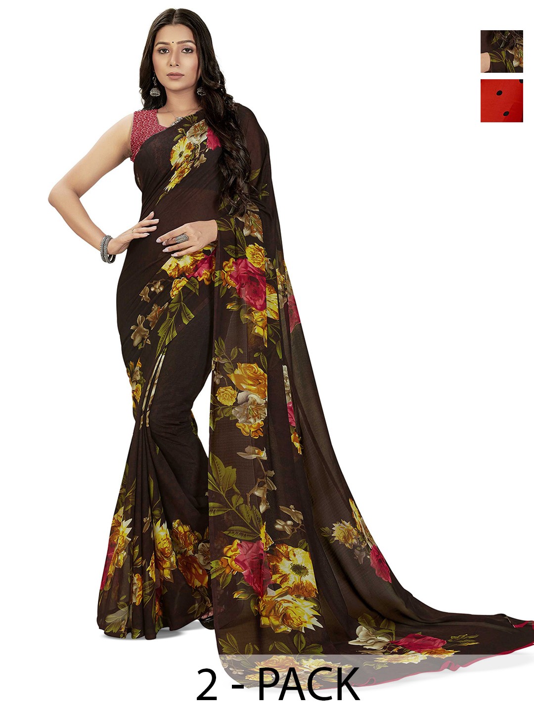 

ANAND SAREES Selection Of 2 Floral Printed Saree, Black