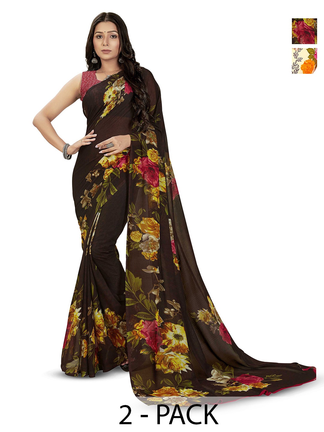 

ANAND SAREES Selection of 2 Floral Printed Sarees, Black