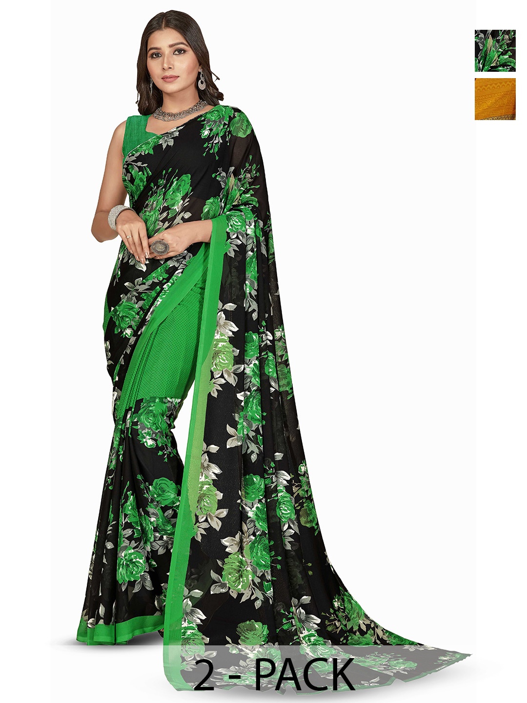 

ANAND SAREES Selection of 2 Floral Printed Saree, Black