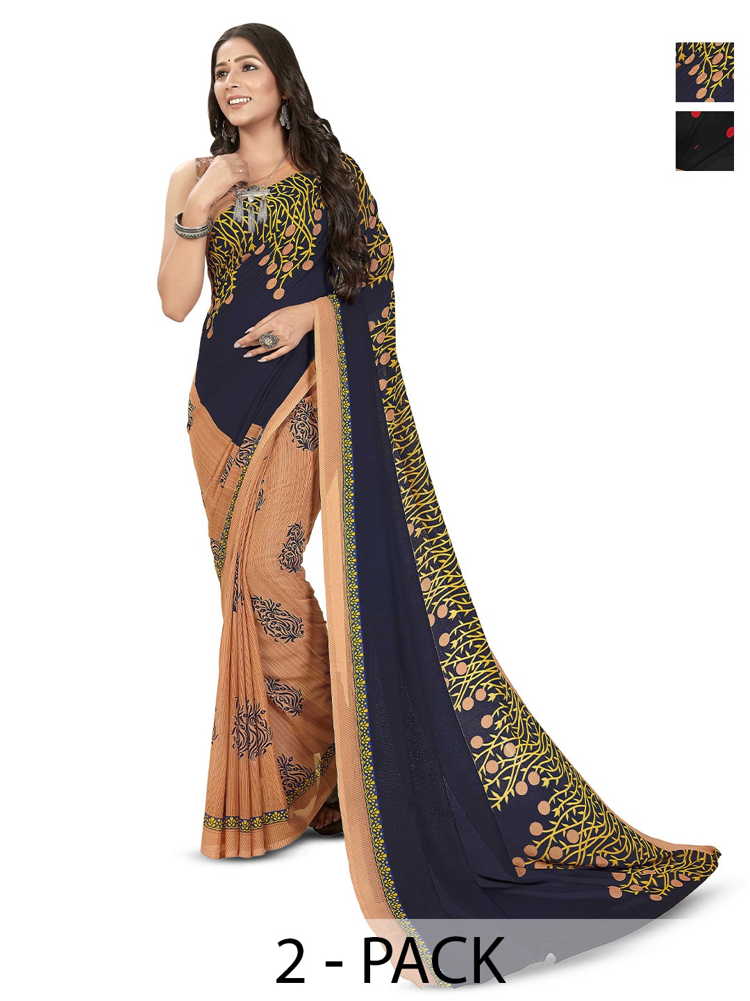 

ANAND SAREES Selection Of 2 Printed Half and Half Sarees, Black