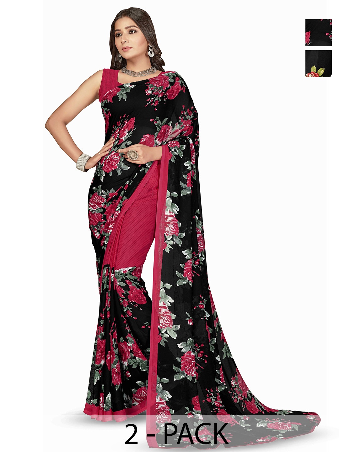 

ANAND SAREES Selection Of 2 Floral Printed Sarees, Black