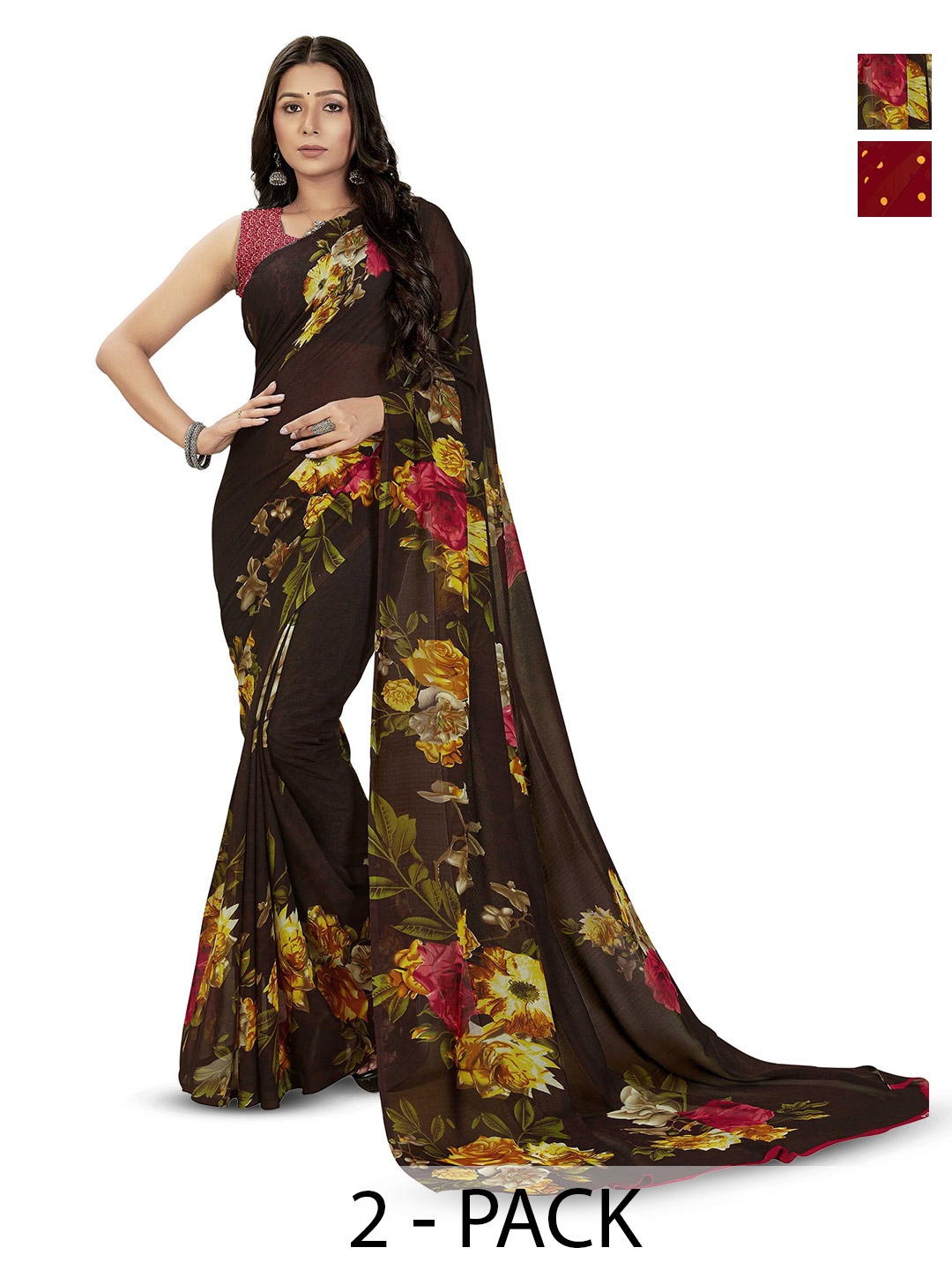

ANAND SAREES Selection of 2 Floral Printed Saree, Black