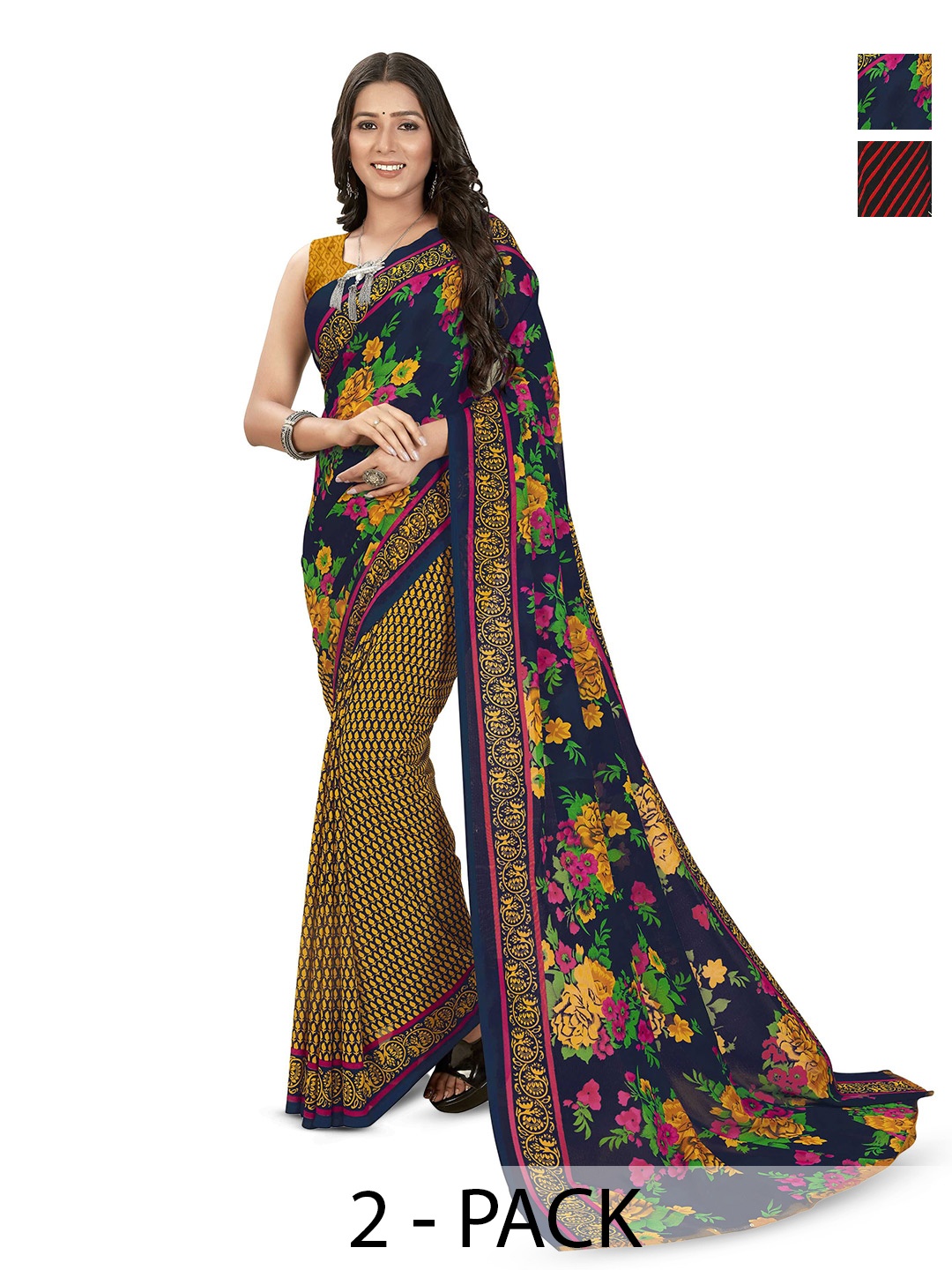

ANAND SAREES Selection of 2 Floral Printed Sarees, Red