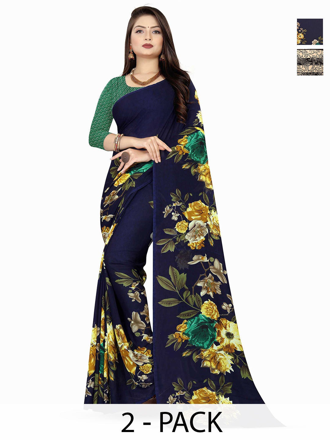 

ANAND SAREES Selection Of 2 Floral Printed Sarees, Navy blue