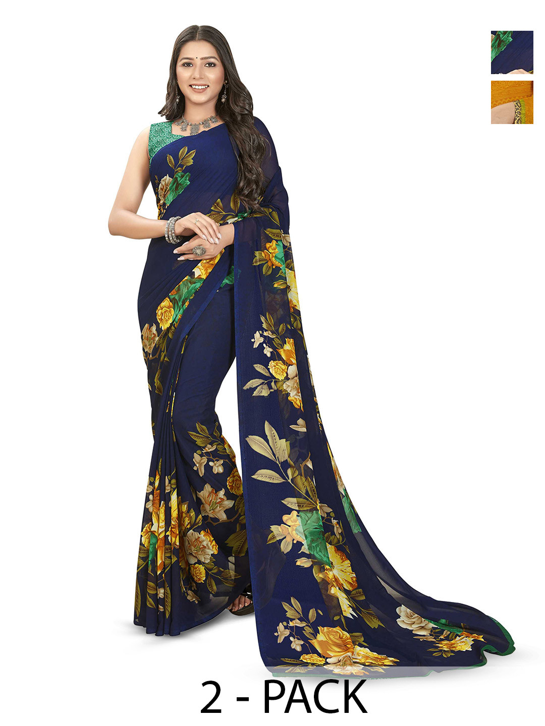 

ANAND SAREES Pack Of 2 Floral Printed Sarees, Navy blue