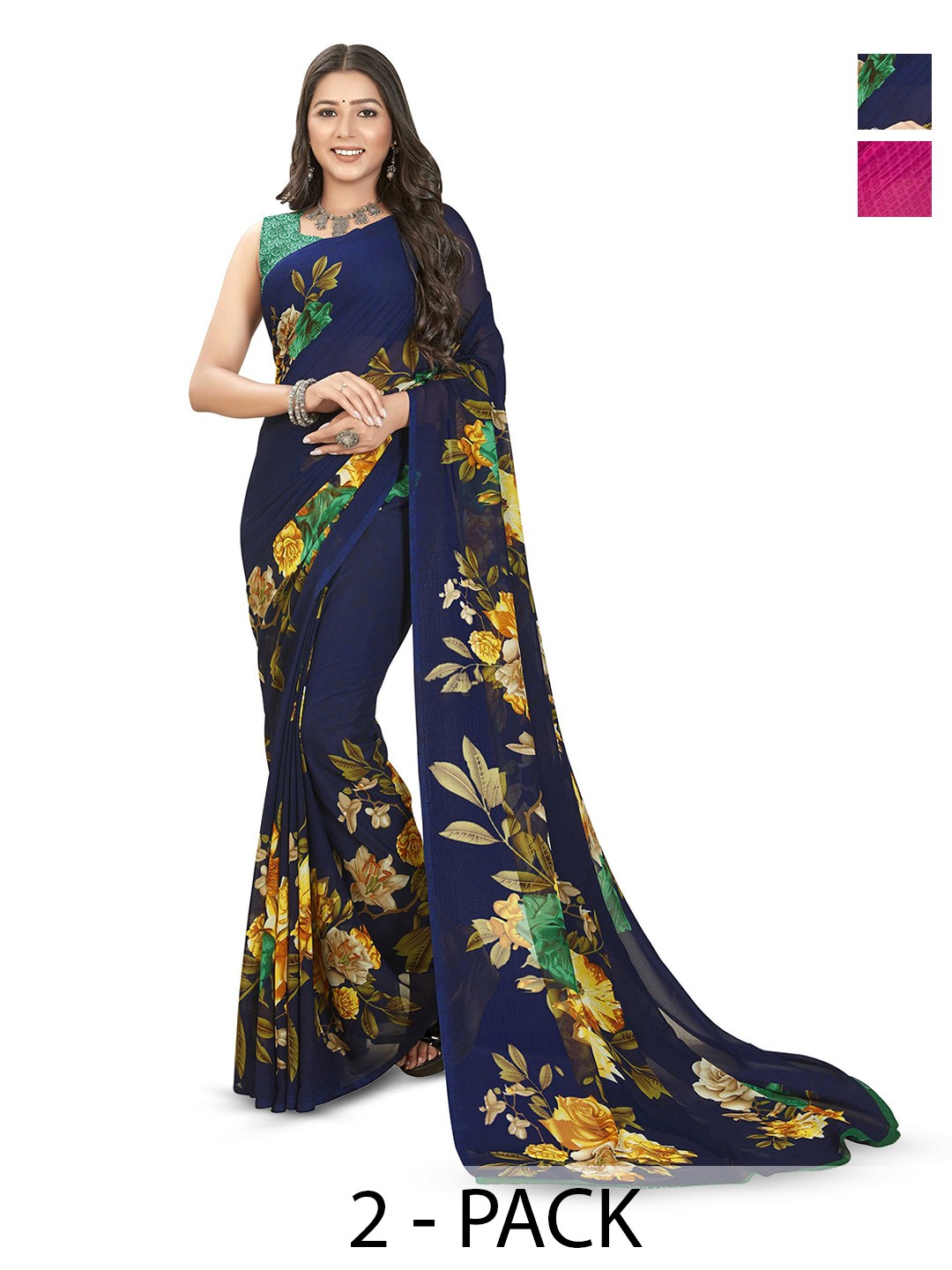 

ANAND SAREES Selection of 2 Floral Printed Sarees, Blue