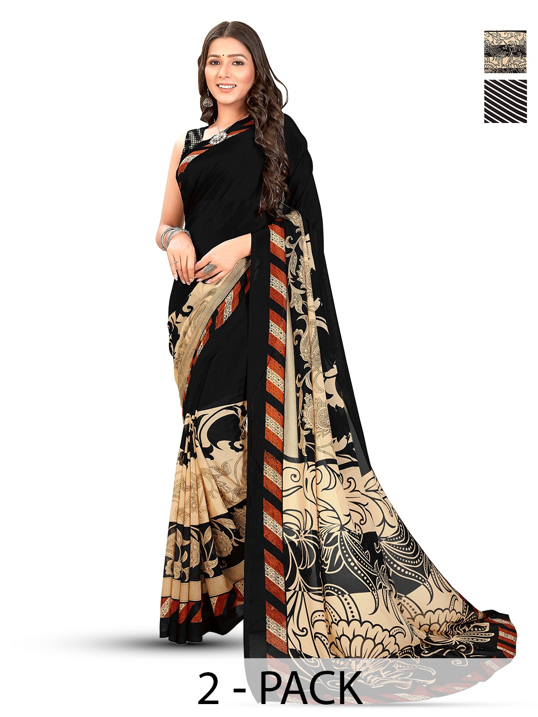 

ANAND SAREES Selection Of 2 Polka Dot Printed Sarees, Black