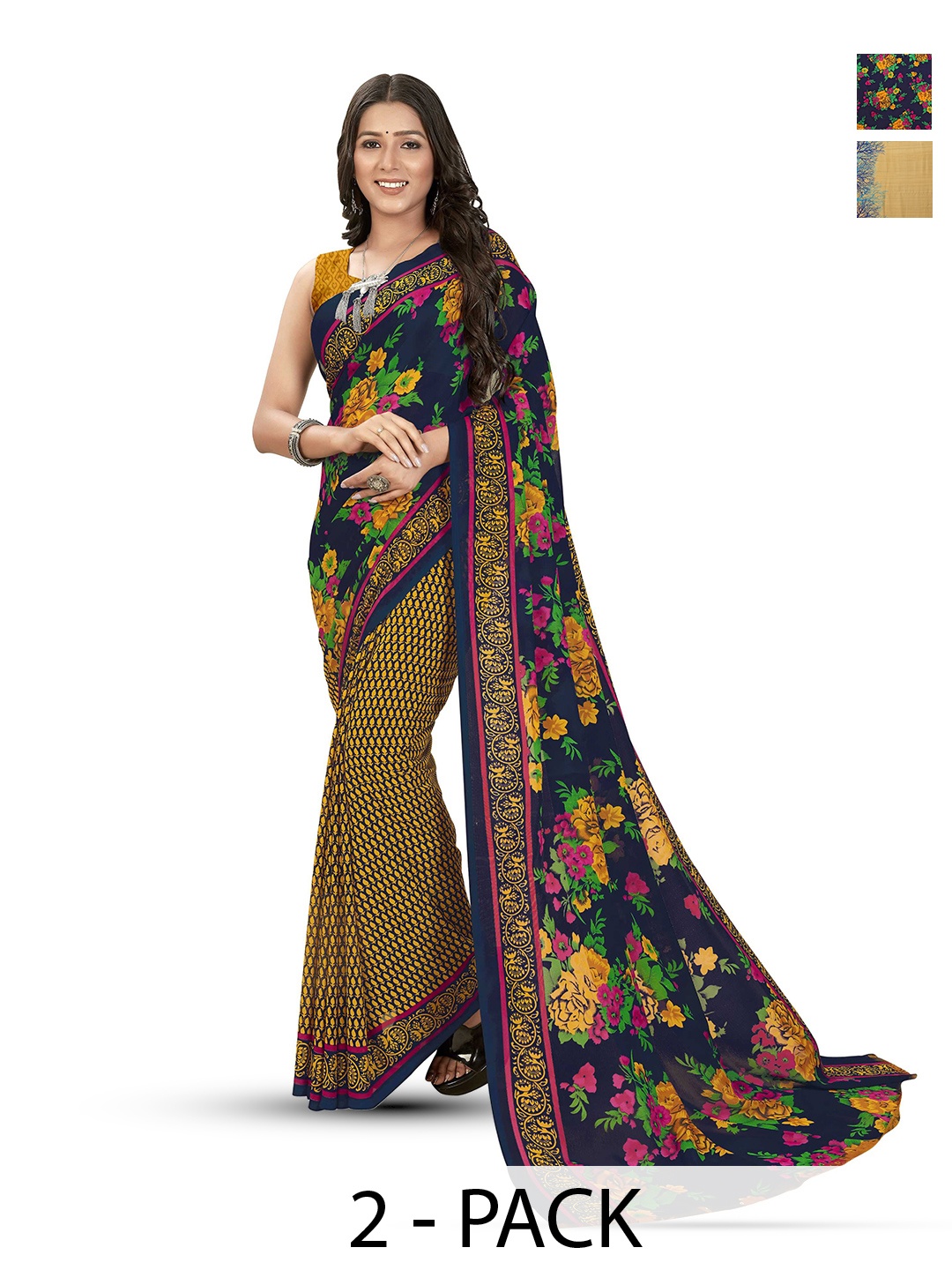 

ANAND SAREES Selection of 2 Floral Printed Sarees, Blue