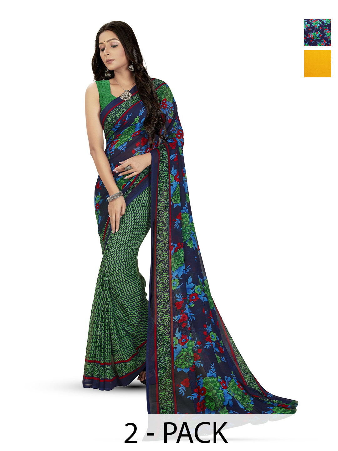 

ANAND SAREES Pack Of 2 Floral Printed Sarees, Green