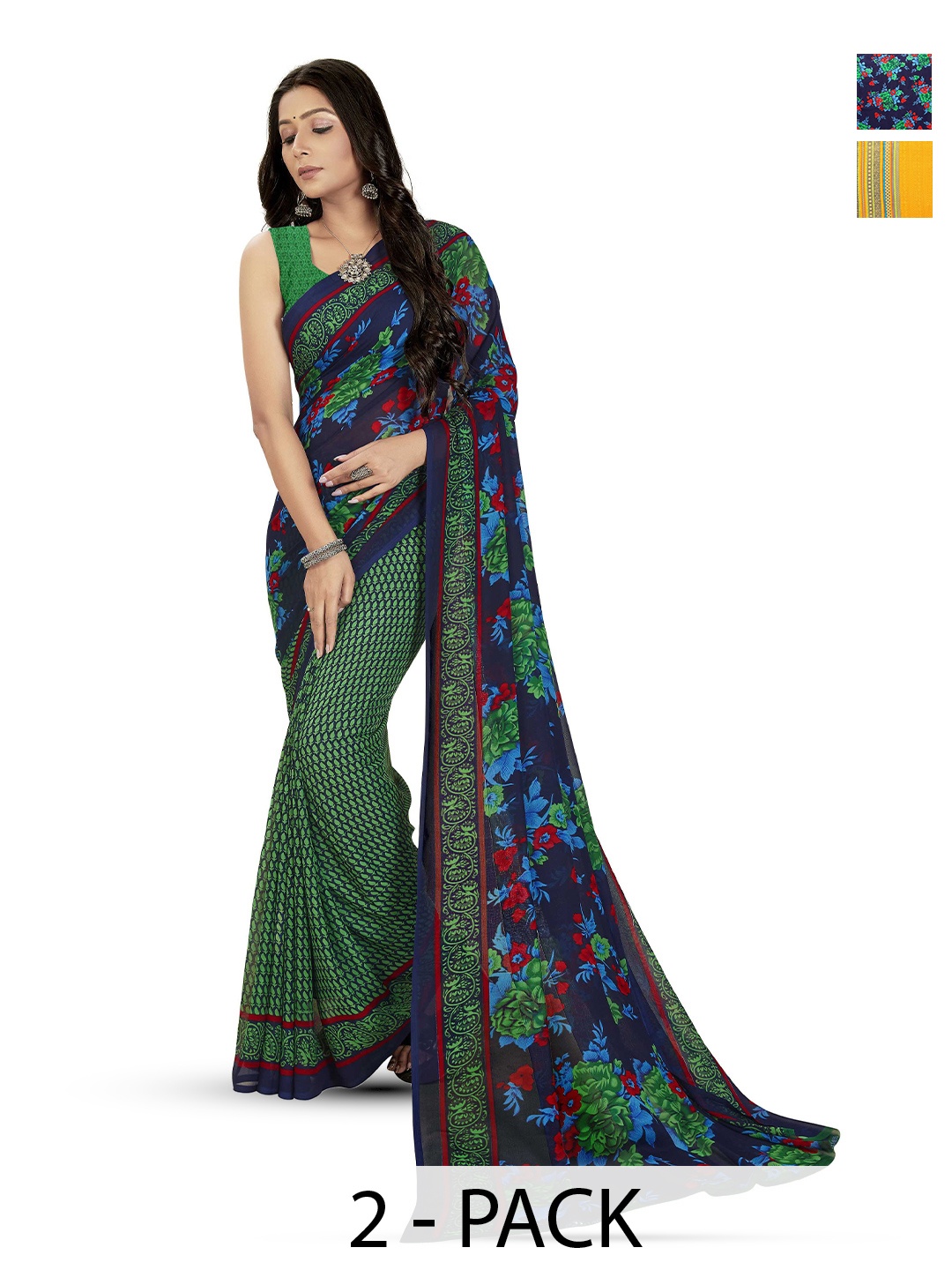 

ANAND SAREES Selection of 2 Floral Printed Saree, Green