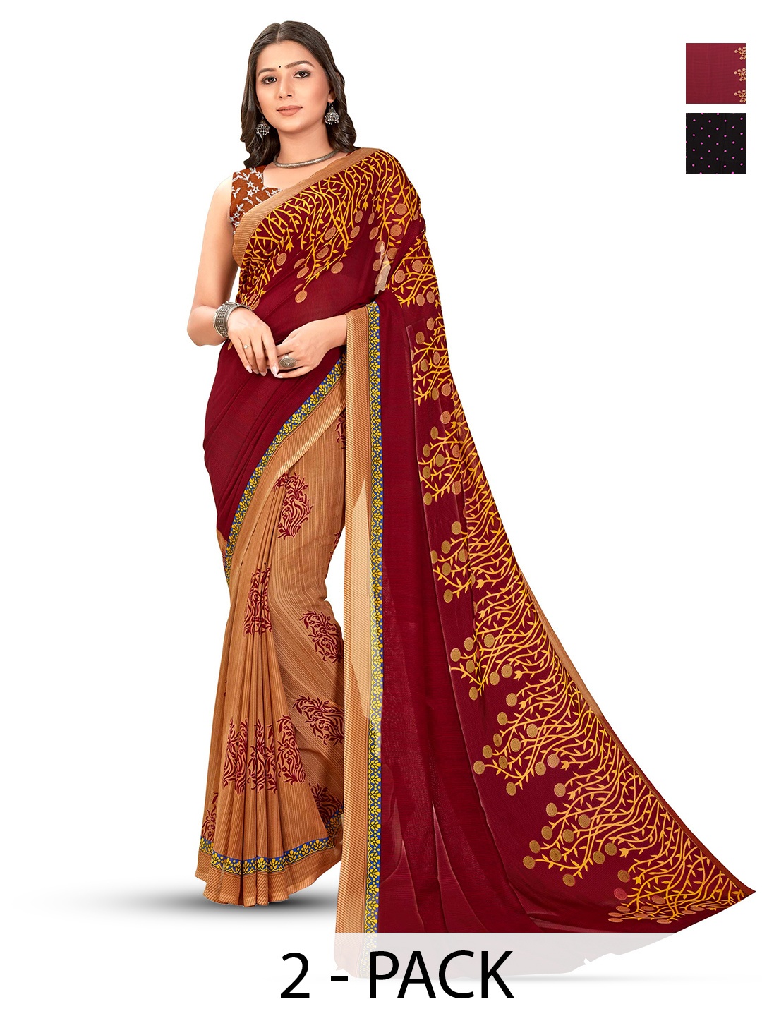 

ANAND SAREES Selection of 2 Polka Dot Printed Sarees, Black