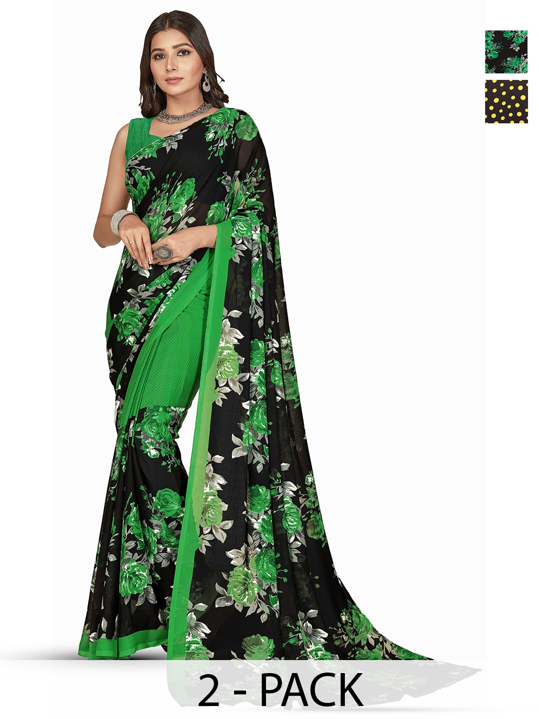 

ANAND SAREES Selection Of 2 Printed Saree, Green
