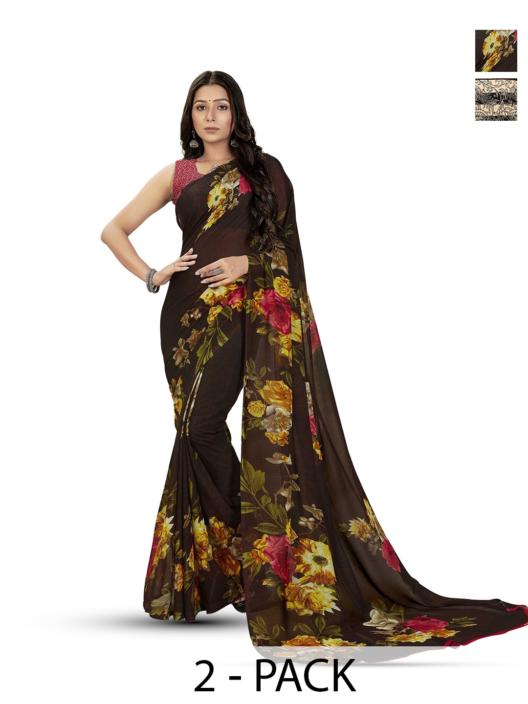 

ANAND SAREES Selection Of 2 Floral Printed Sarees, Black