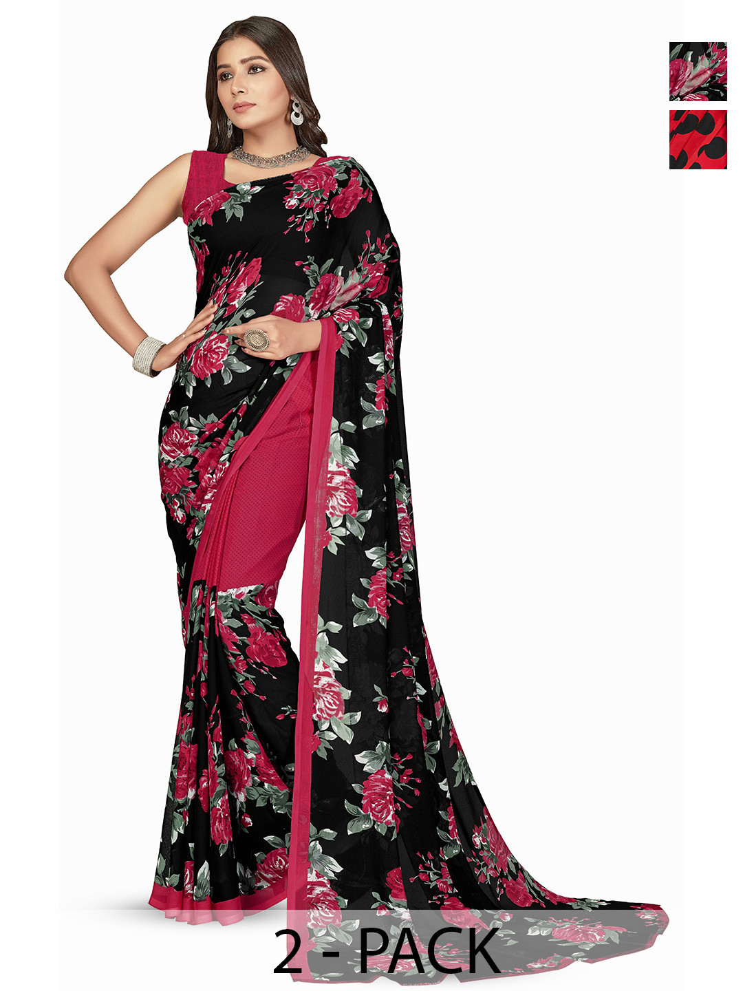

ANAND SAREES Selection of 2 Polka Dot Printed Sarees, Black