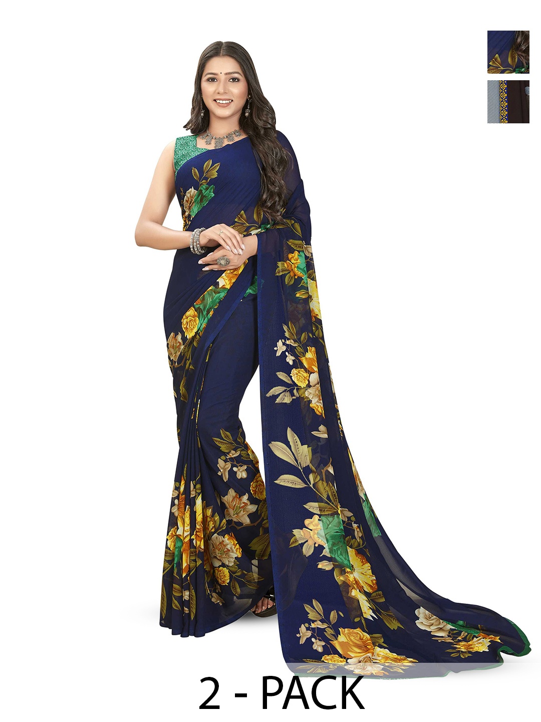 

ANAND SAREES Selection Of 2 Floral Printed Sarees, Blue