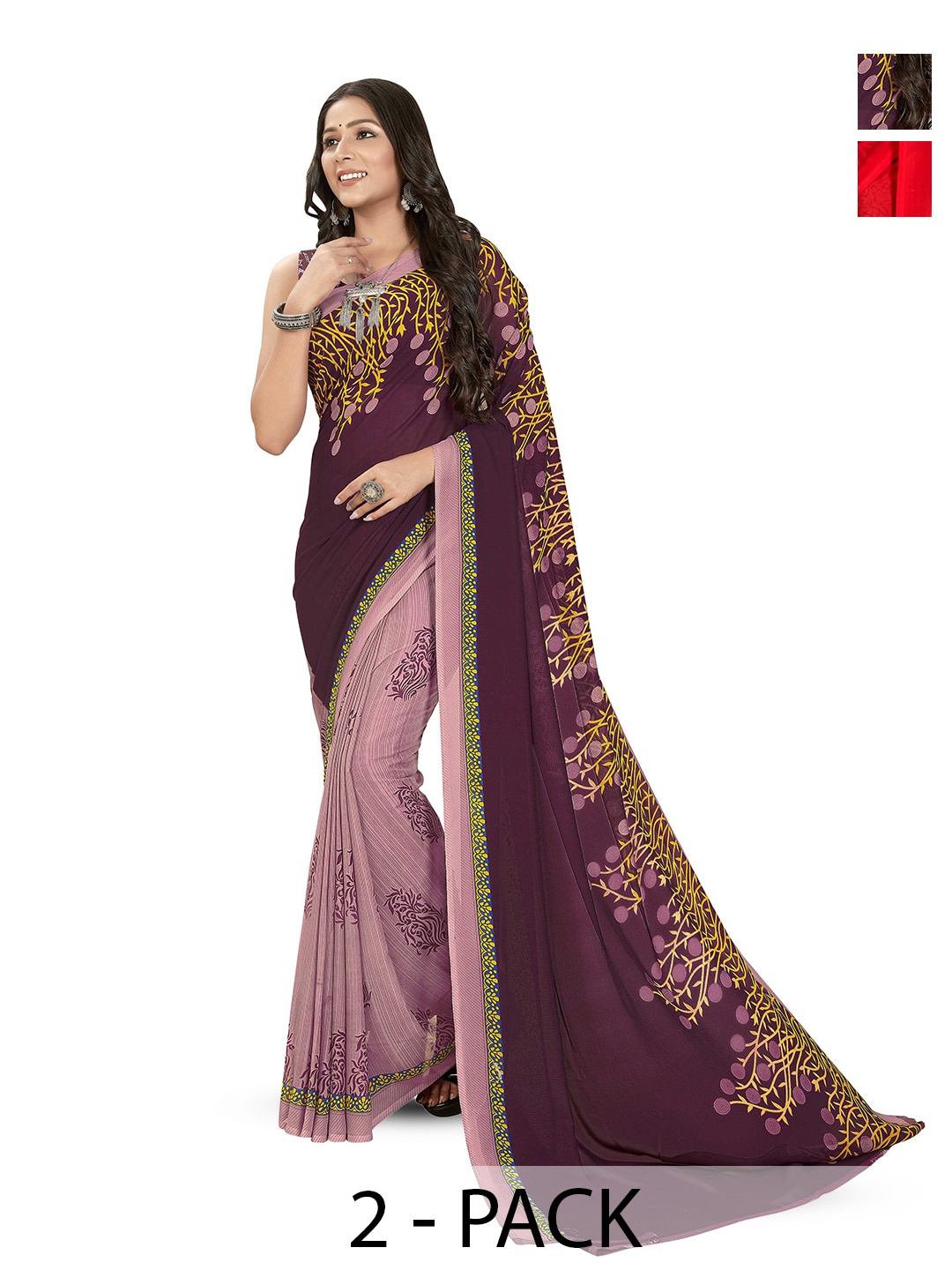 

ANAND SAREES Selection Of 2 Floral Printed Sarees, Navy blue