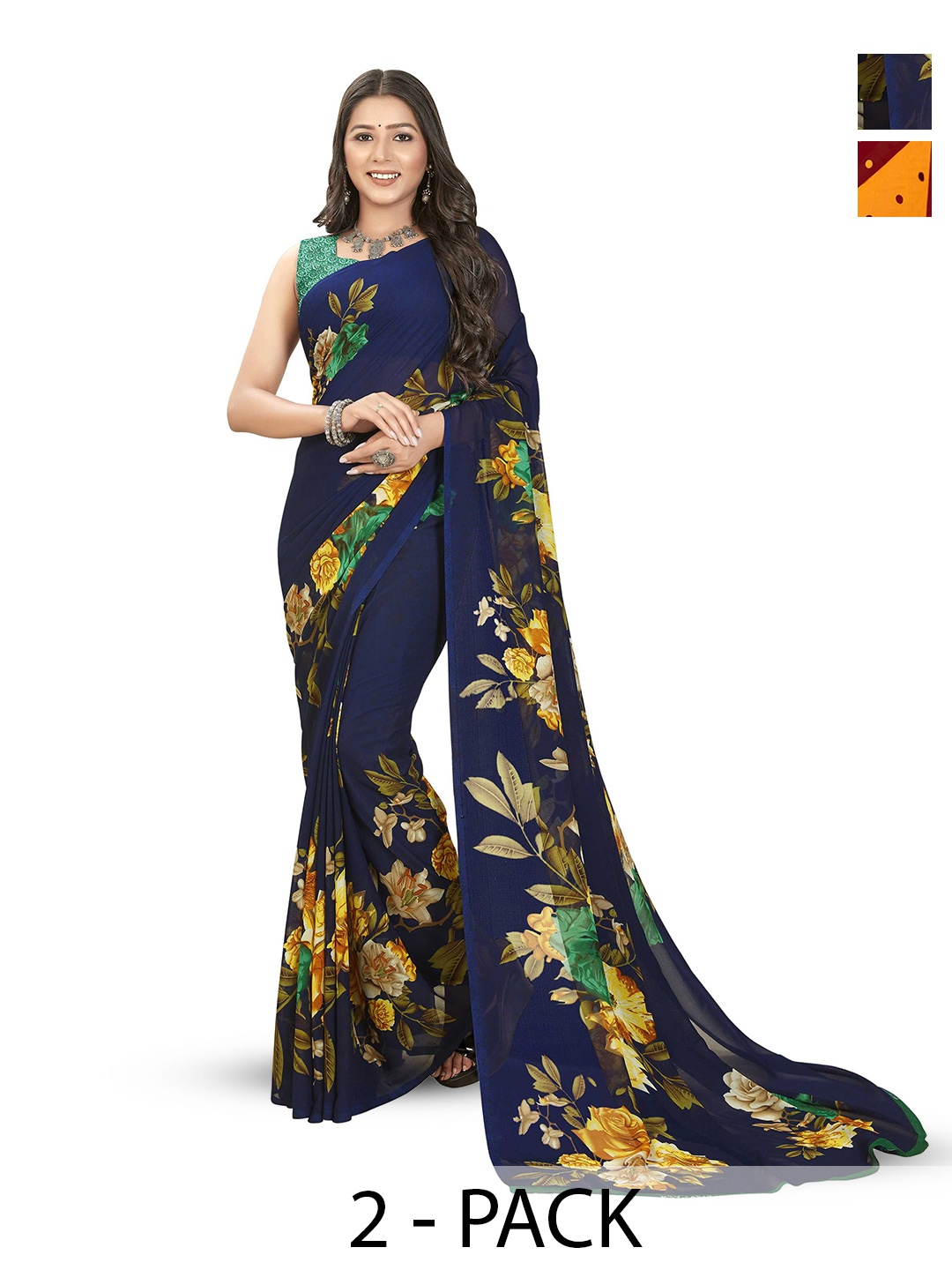 

ANAND SAREES Selection of 2 Floral Printed Sarees, Red