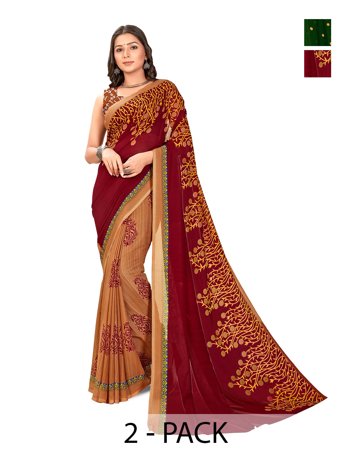 

ANAND SAREES Selection Of 2 Floral Printed Sarees, Red