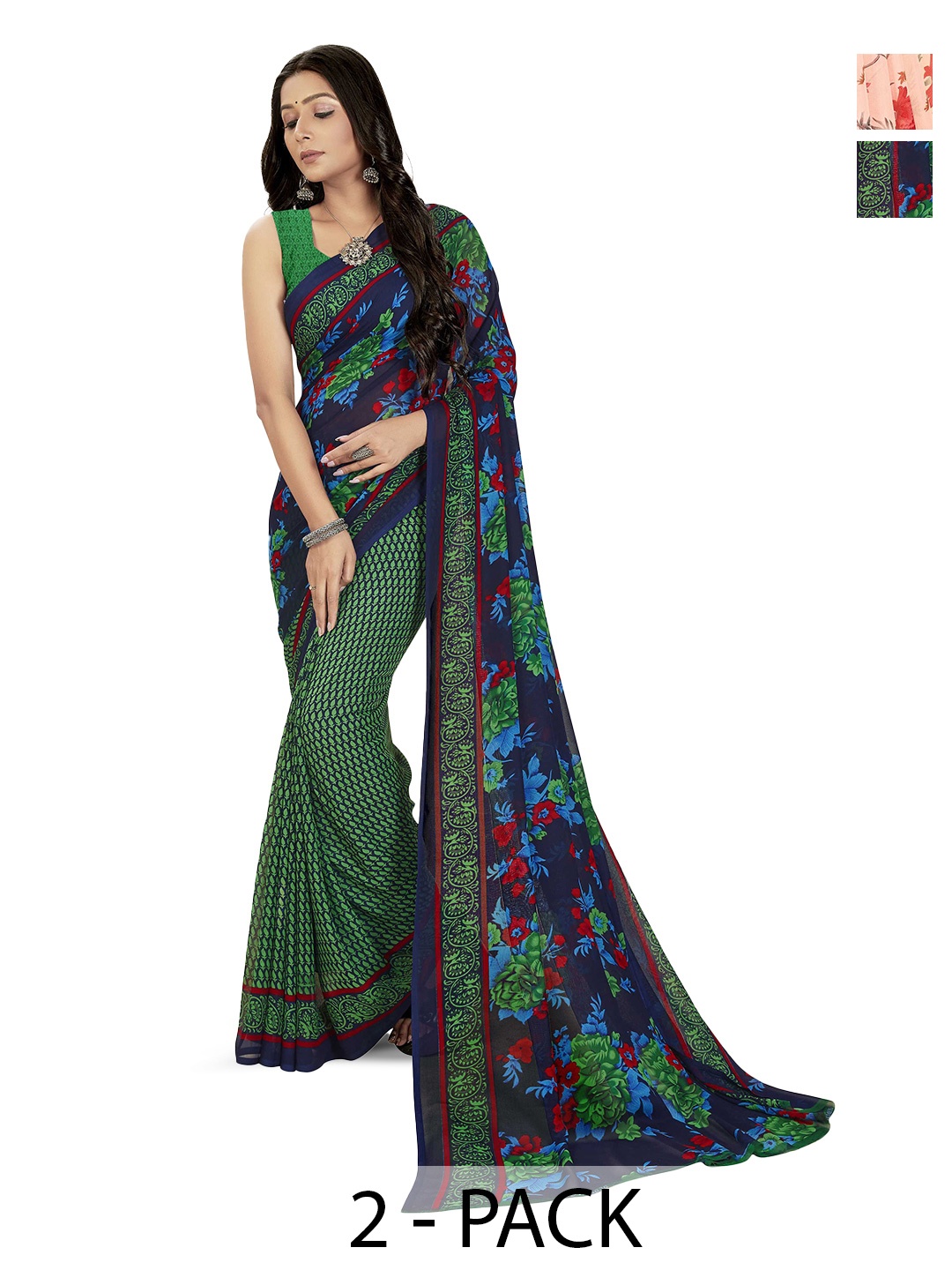 

ANAND SAREES Selection Of 2 Floral Printed Sarees, Green