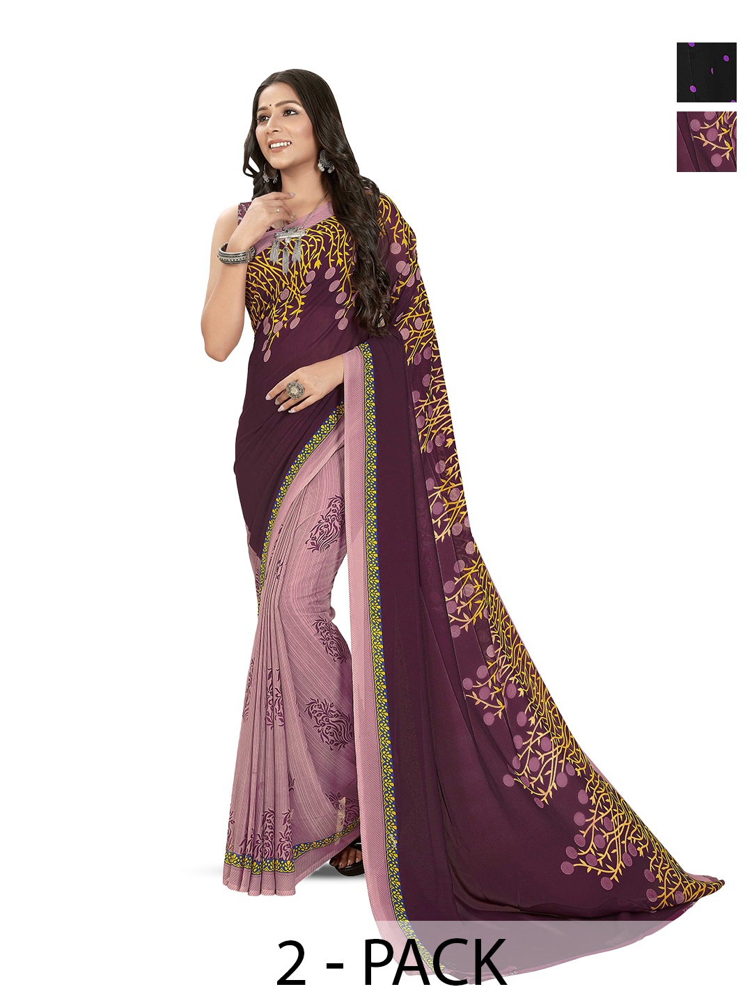 

ANAND SAREES Selection Of 2 Floral Printed Sarees, Purple