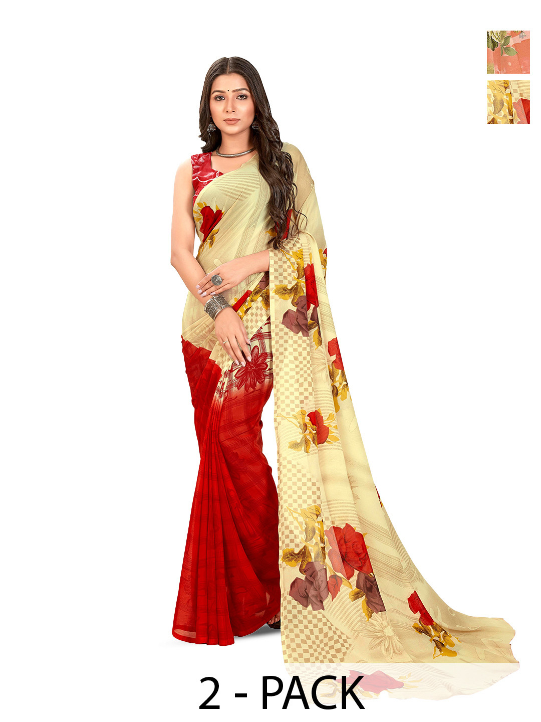 

ANAND SAREES Selection Of 2 Floral Printed Sarees, Peach