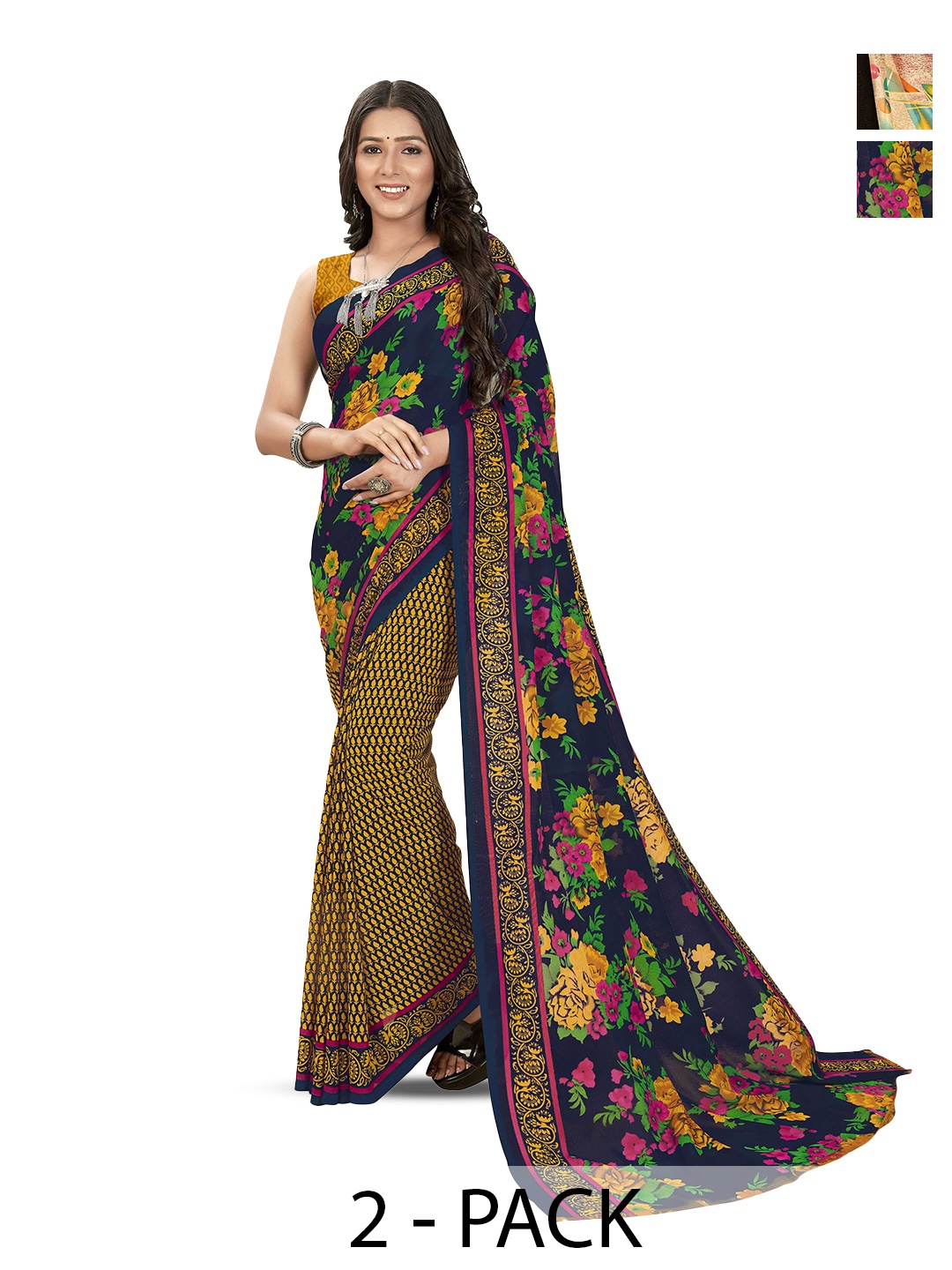 

ANAND SAREES Selection of 2 Floral Printed Sarees, Blue