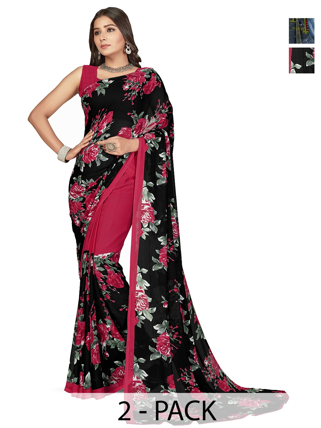 

ANAND SAREES Selection Of 2 Floral Printed Sarees, Black