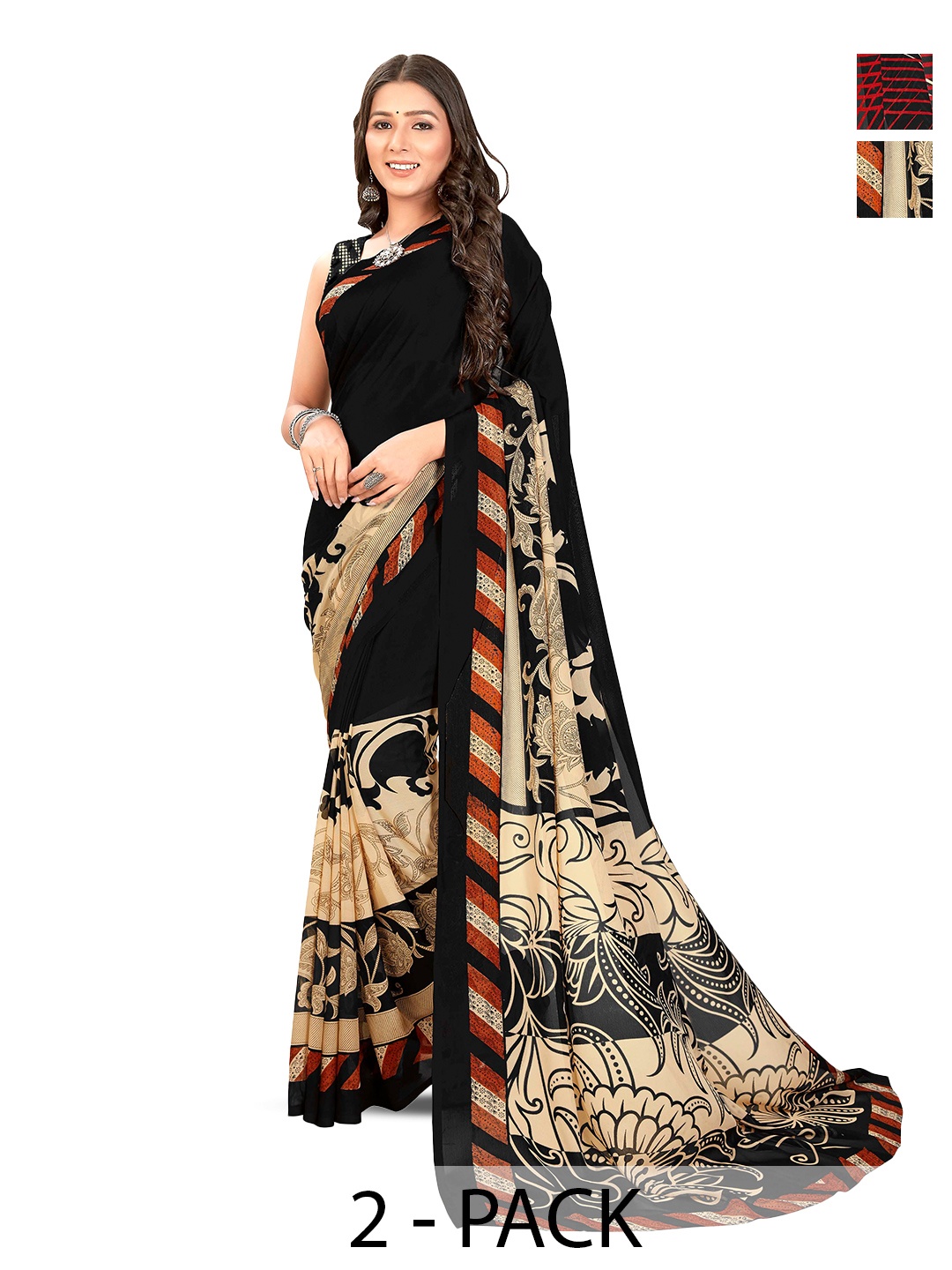 

ANAND SAREES Selection Of 2 Floral Printed Sarees, Black