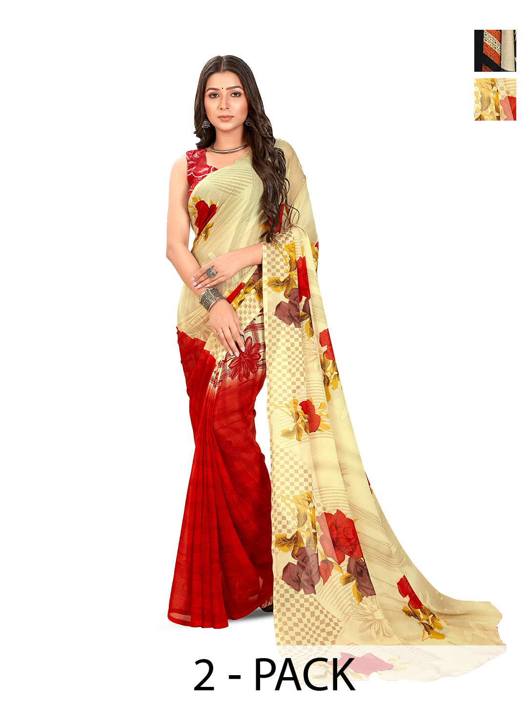 

ANAND SAREES Selection Of 2 Floral Printed Sarees, Black