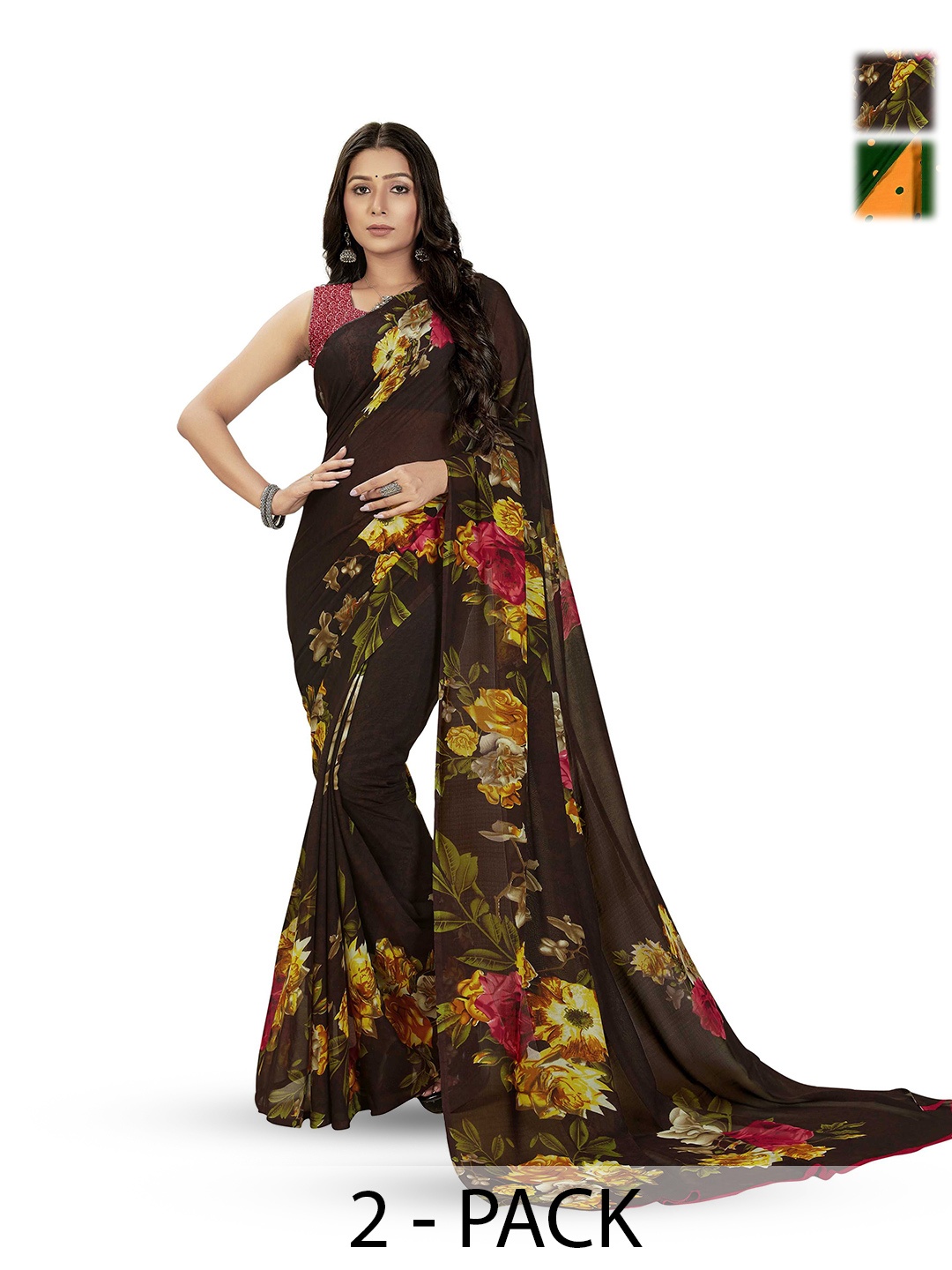

ANAND SAREES Selection Of 2 Floral Printed Saree, Black