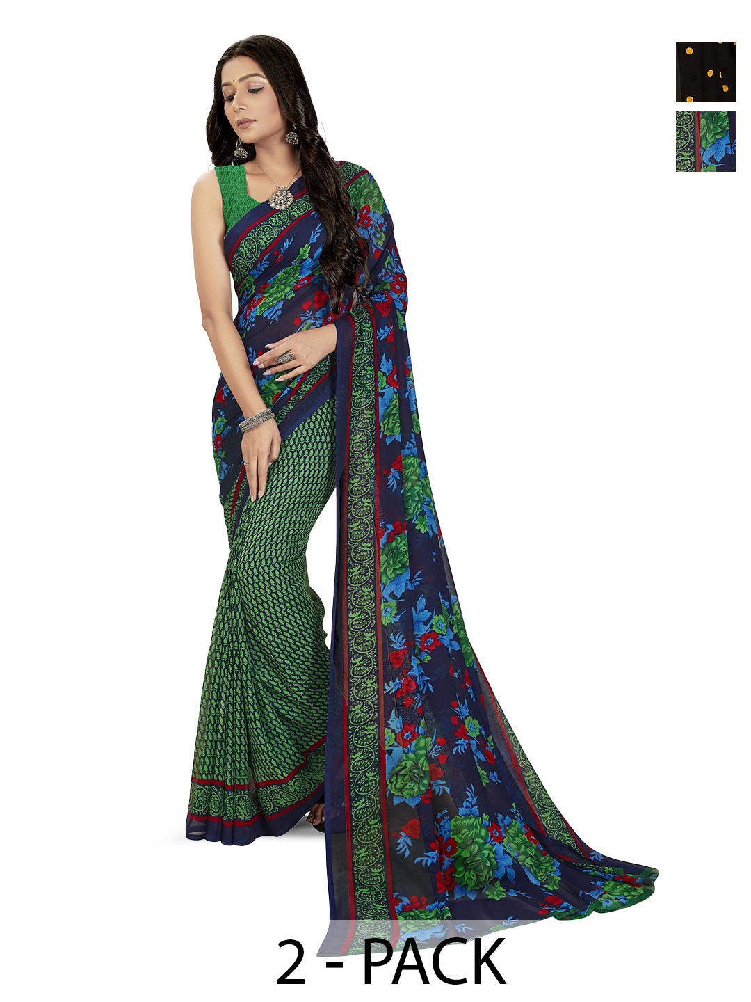 

ANAND SAREES Pack Of 2 Floral Printed Sarees, Green