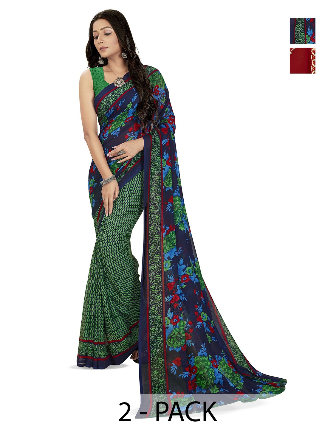 

ANAND SAREES Selection Of 2 Printed Sarees, Red
