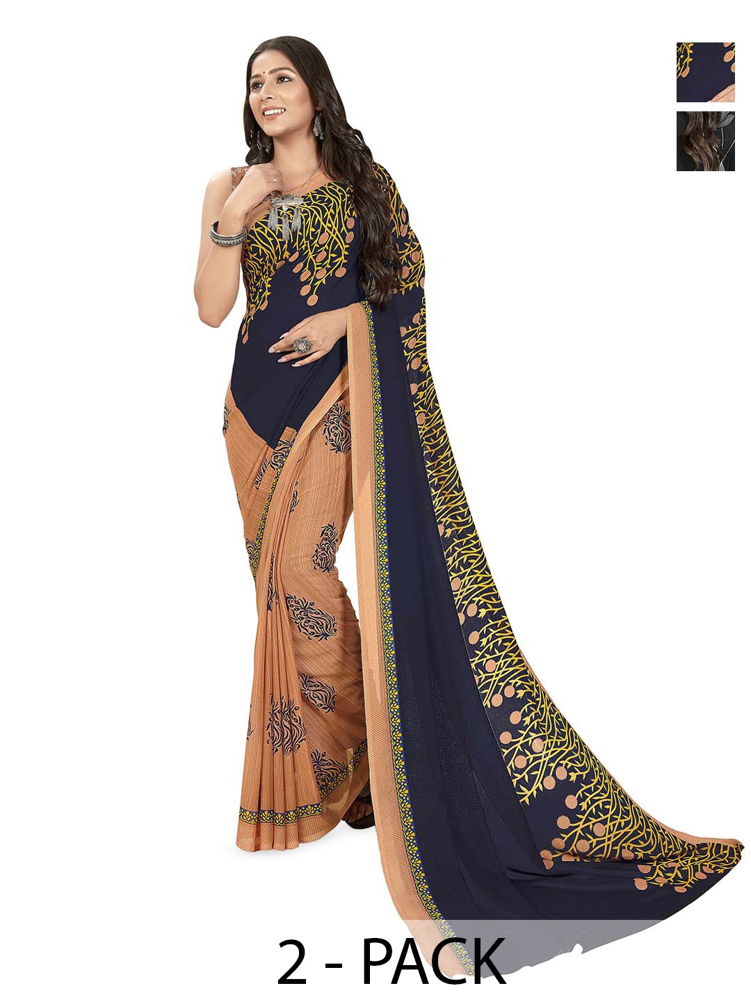 

ANAND SAREES Selection Of 2 Floral Printed Sarees, Blue