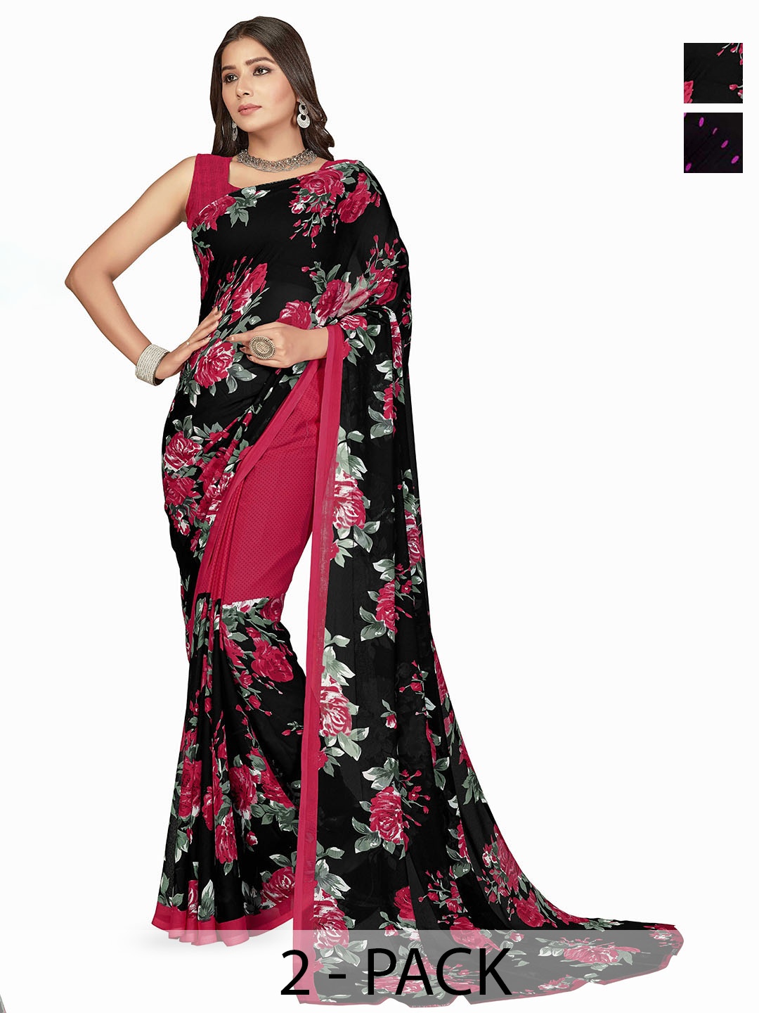 

ANAND SAREES Selection Of 2 Printed Saree, Black