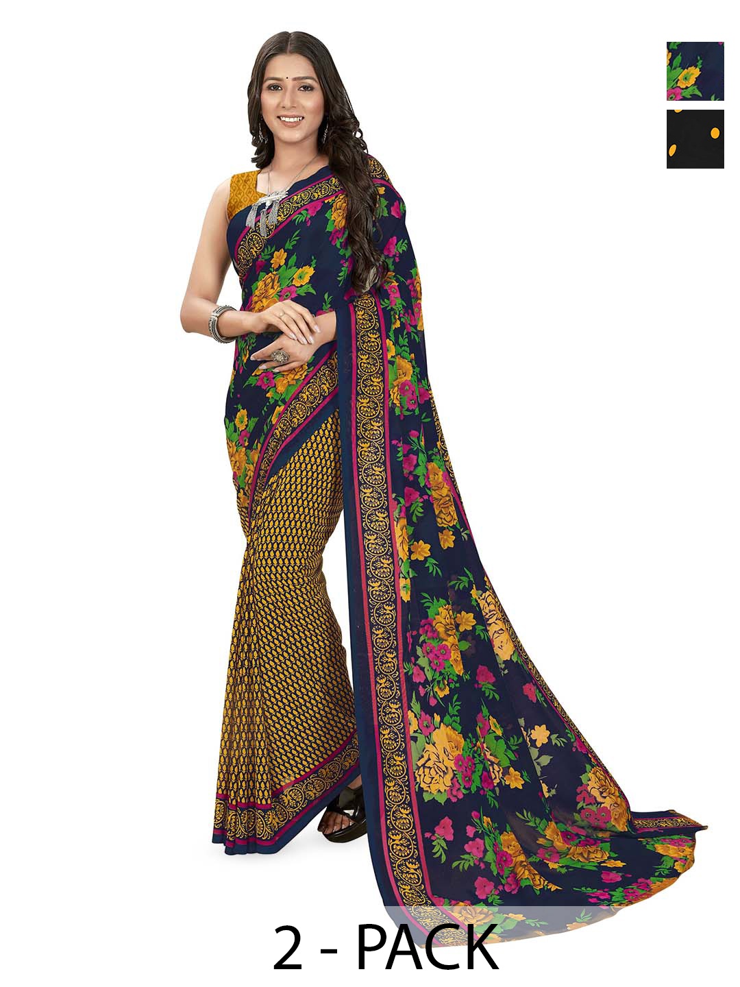 

ANAND SAREES Selection of 2 Floral Printed Sarees, Blue