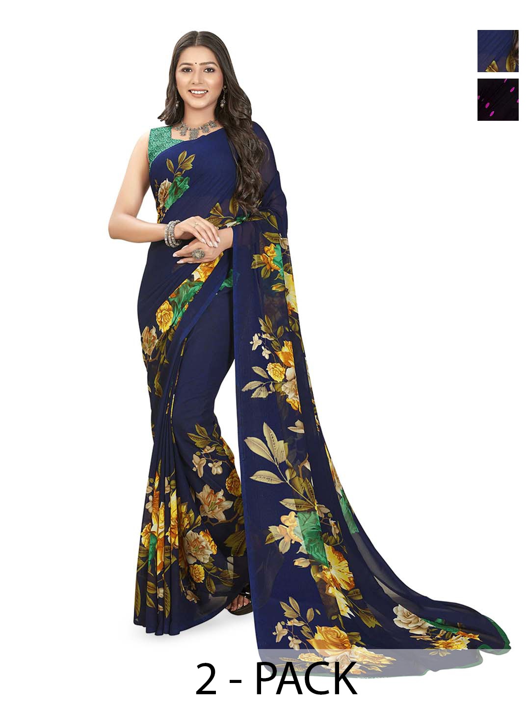 

ANAND SAREES Selection of 2 Polka Dot Printed Saree, Black