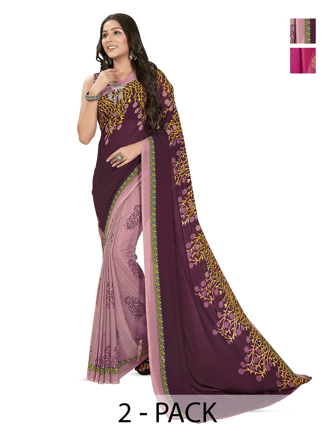 

ANAND SAREES Selection of 2 Floral Printed Sarees, Pink