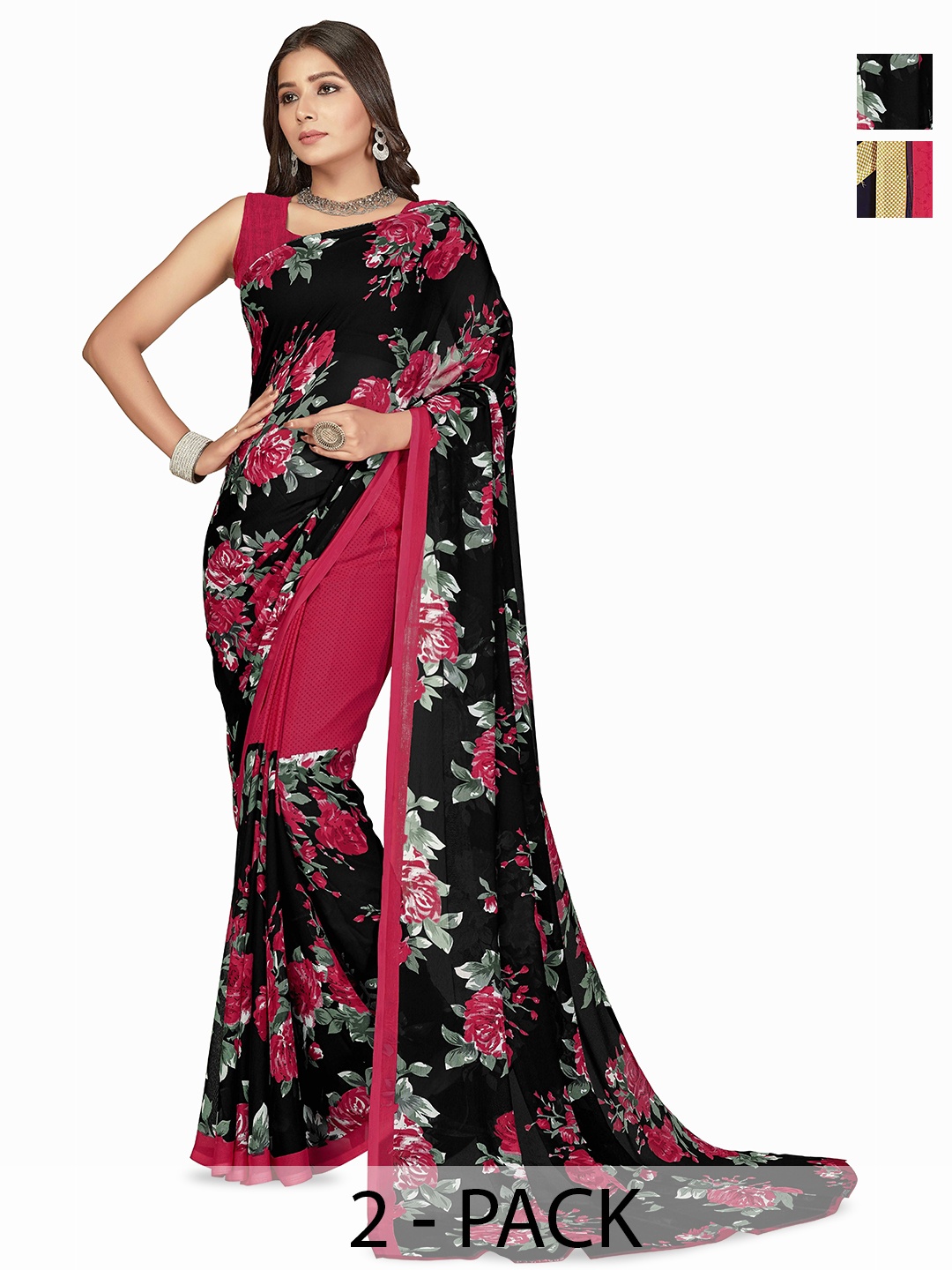 

ANAND SAREES Selection Of 2 Floral Printed Saree, Black