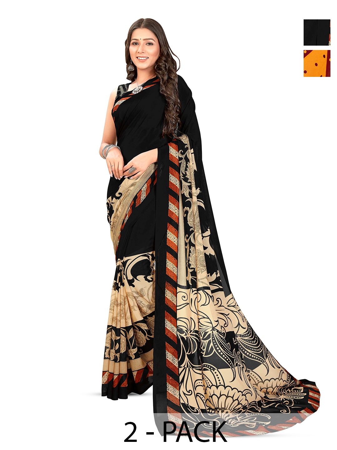 

ANAND SAREES Selection of 2 Polka Dot Saree, Black