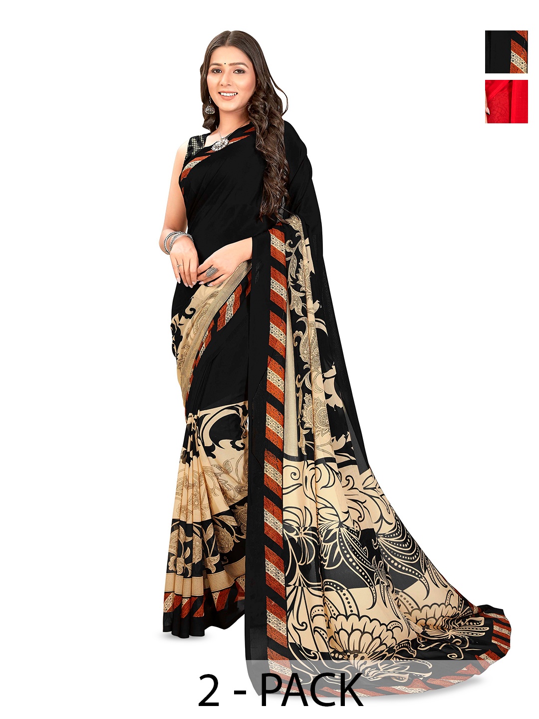 

ANAND SAREES Selection Of 2 Floral Printed Sarees, Black