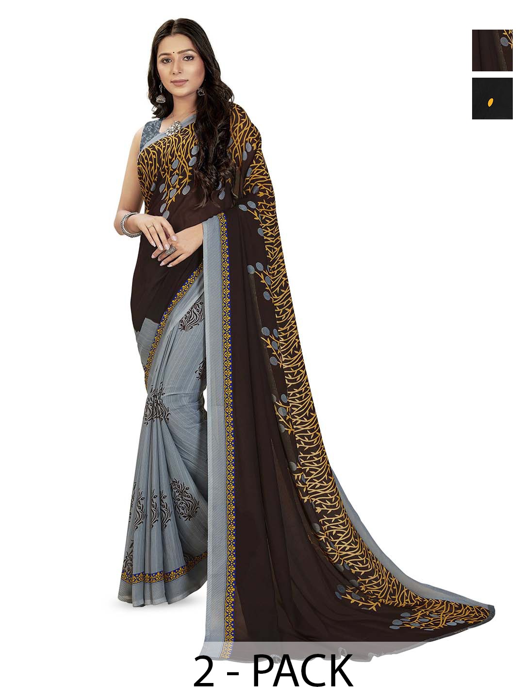 

ANAND SAREES Selection Of 2 Floral Printed Sarees, Black