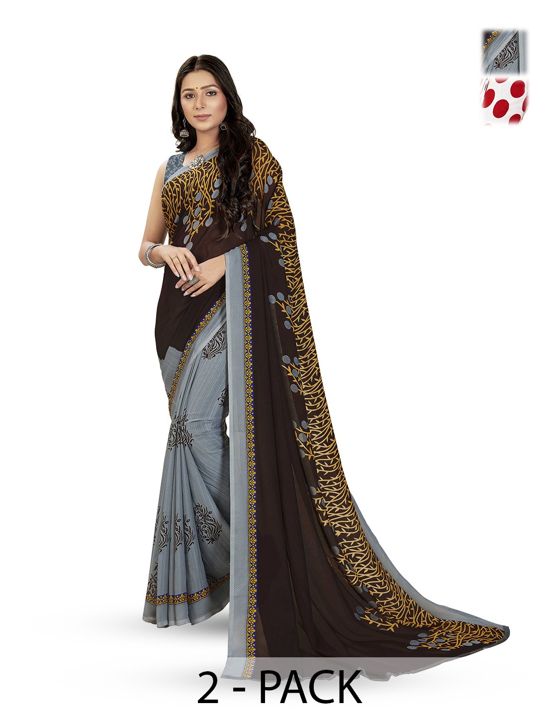 

ANAND SAREES Selection Of 2 Floral Printed Sarees, Grey