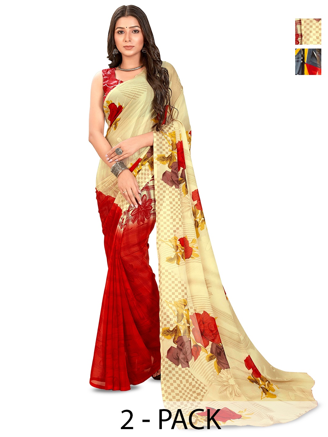 

ANAND SAREES Selection Of 2 Floral Printed Saree, Red