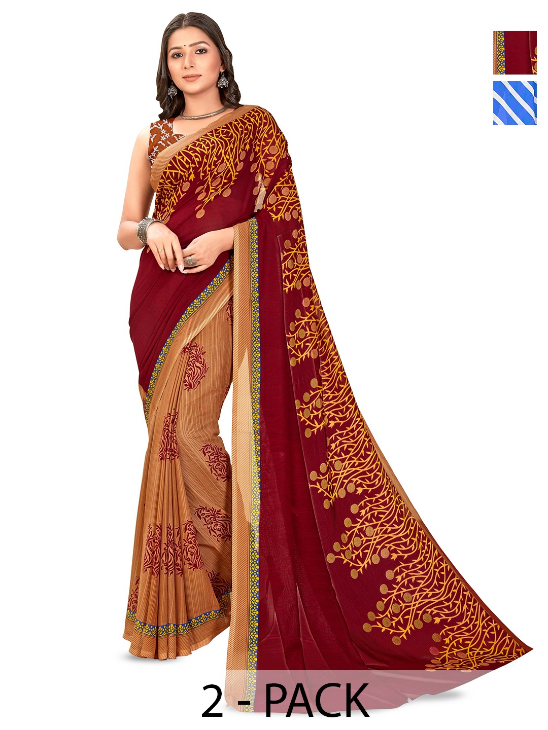 

ANAND SAREES Selection of 2 Floral Printed Sarees, Blue