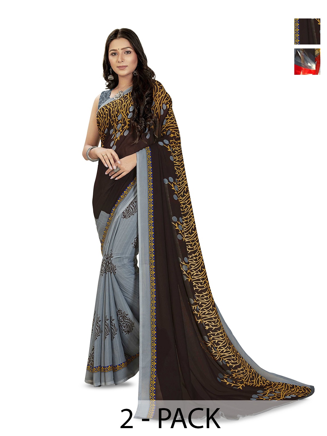 

ANAND SAREES Selection Of 2 Printed Sarees, Grey