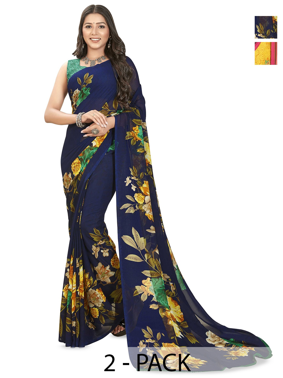 

ANAND SAREES Selection Of 2 Printed Sarees, Blue