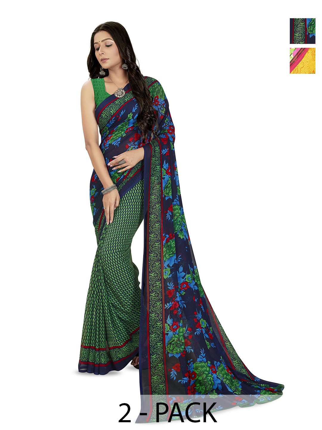 

ANAND SAREES Selection Of 2 Printed Saree, Green