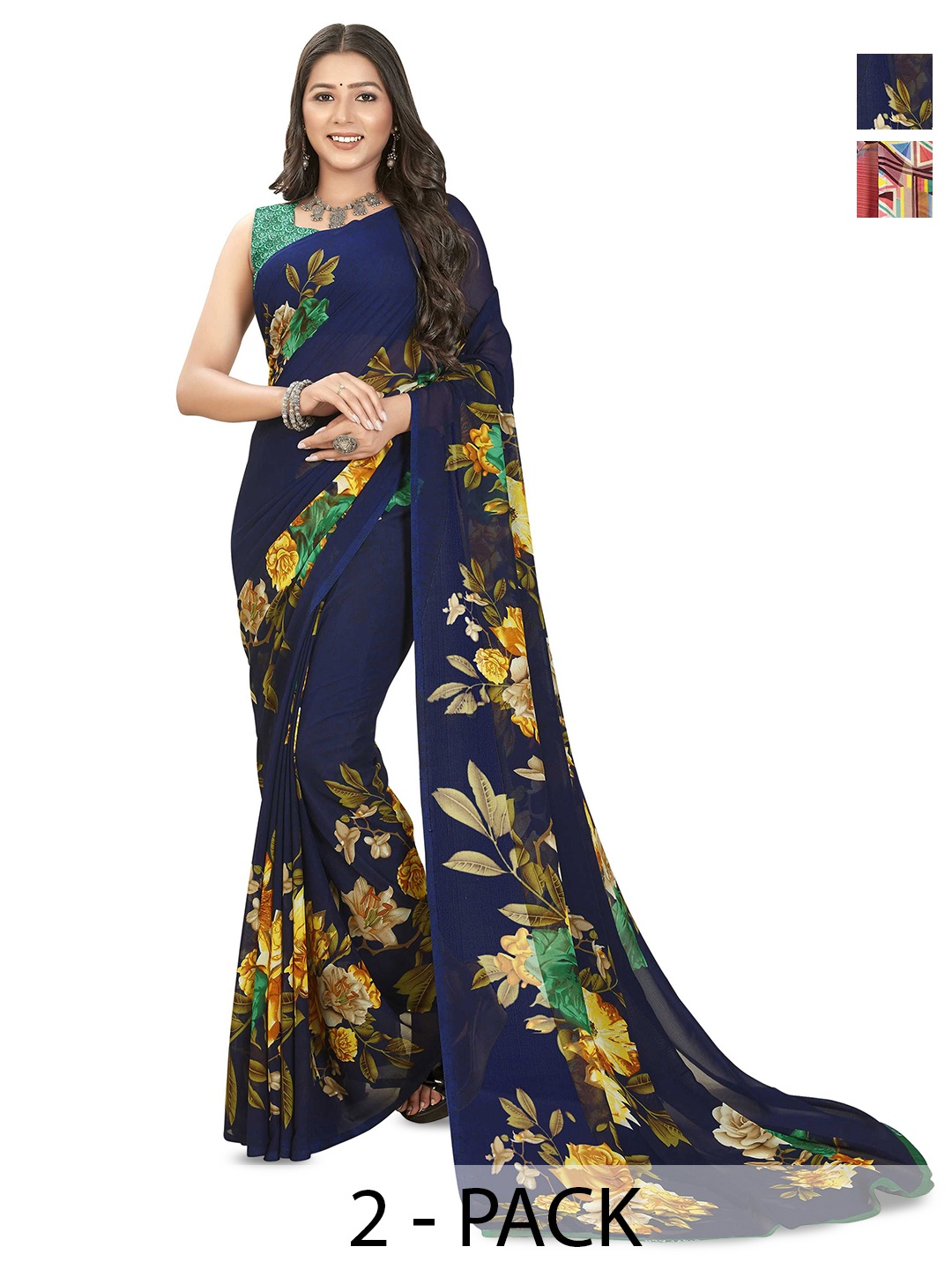 

ANAND SAREES Selection Of 2 Floral Printed Saree, Pink