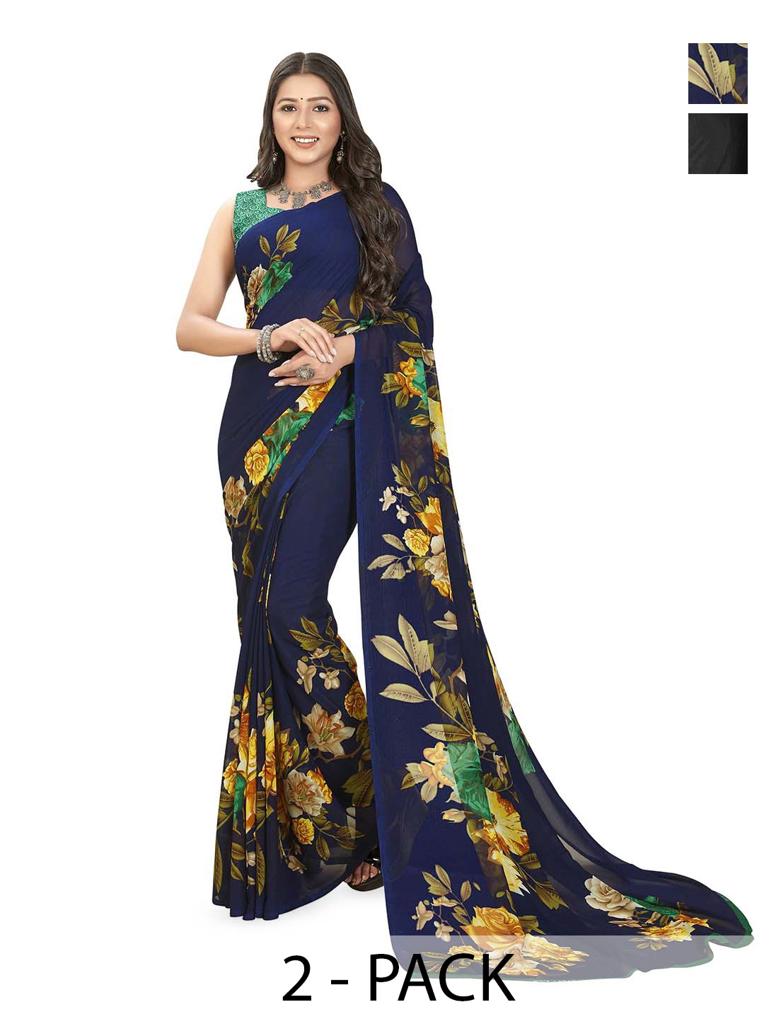 

ANAND SAREES Selection Of 2 Floral Printed Sarees, Blue